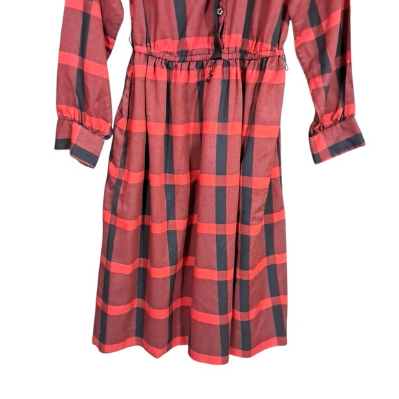 VTG 80s Buffalo Plaid‎ Midi Dress Long Sleee Red Flannel Grunge Old School Retro - Picture 5 of 13